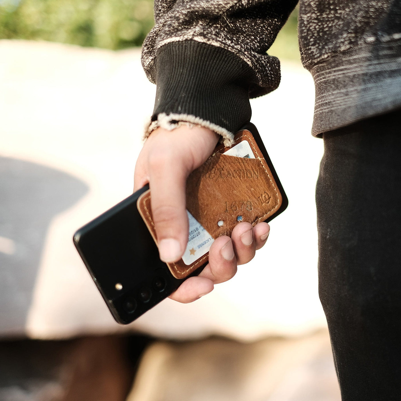 Leather Cell Phone Stick on Wallet