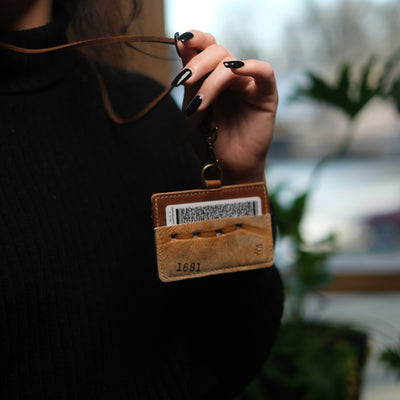 Horizontal Leather ID Badge Holder with Lanyard