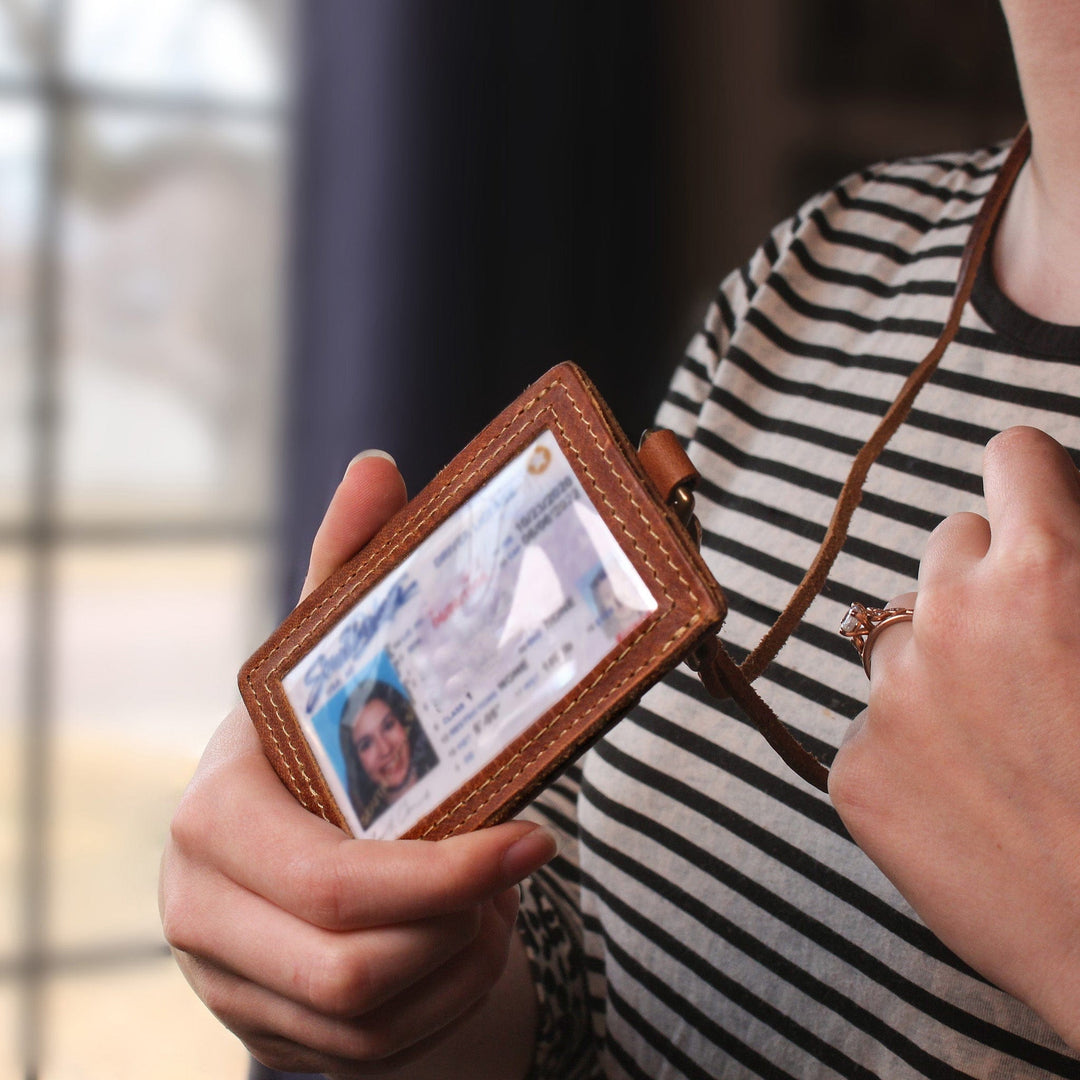 Vertical Leather ID Badge Holder with Lanyard
