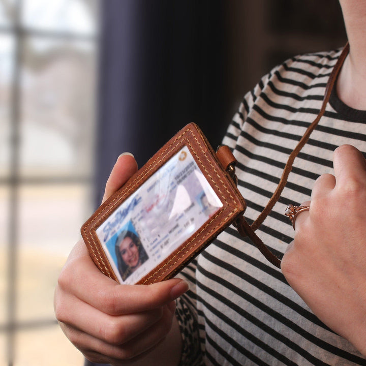 Vertical Leather ID Badge Holder with Lanyard