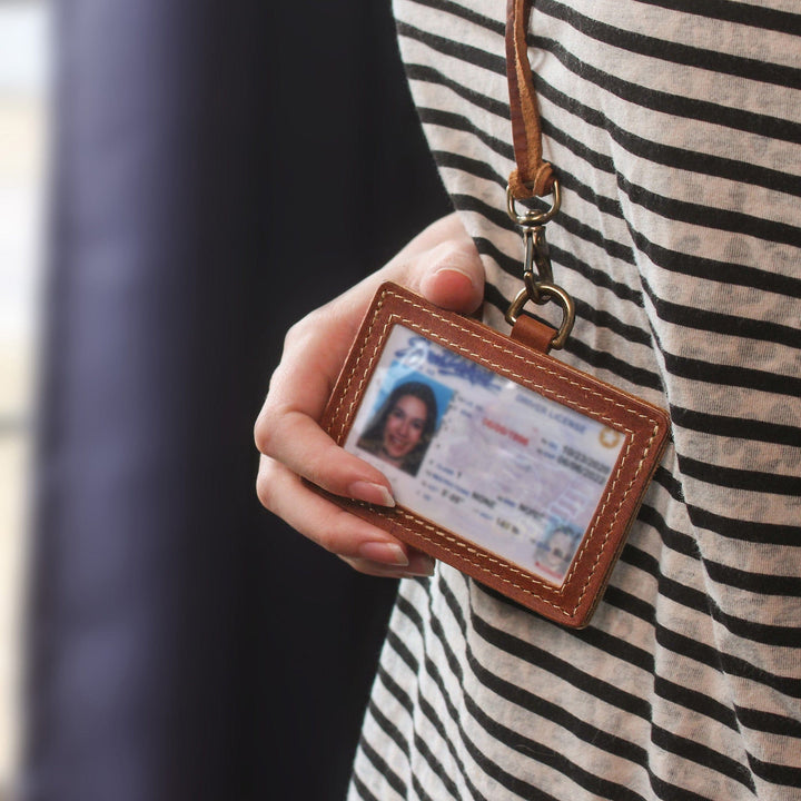 Horizontal Leather ID Badge Holder with Lanyard